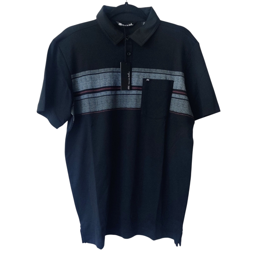 Travis Mathew Black Polo with Gray and Maroon Stripe